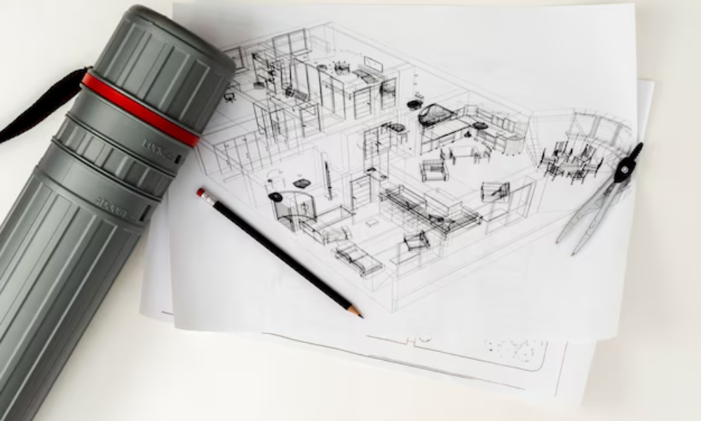 Team reviewing general arrangement drawings for construction planning