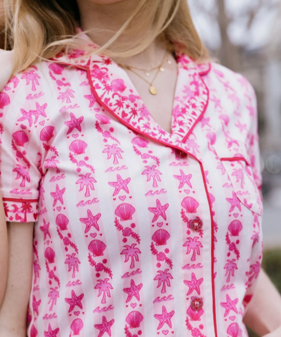 Pink Palm Puff Pajamas in Blush Bay