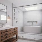 Interior of a modern luxurious bathroom with white marble.