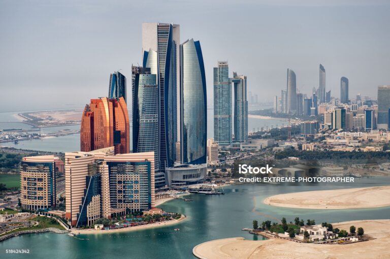 Helicopter point of view of Abu Dhabi skyline with surrounding area.