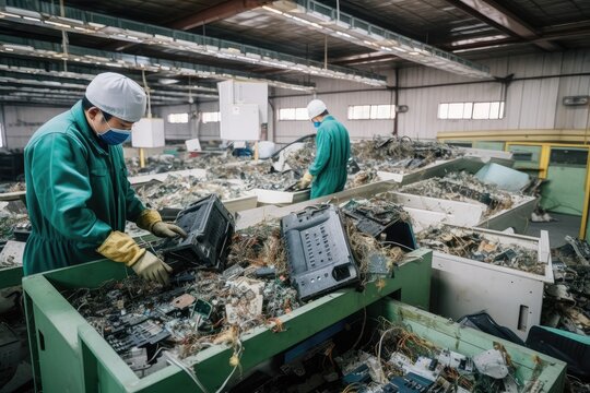 Workers sorting and recycling electronic waste and discarded monitors – E waste removal services Kent WA.