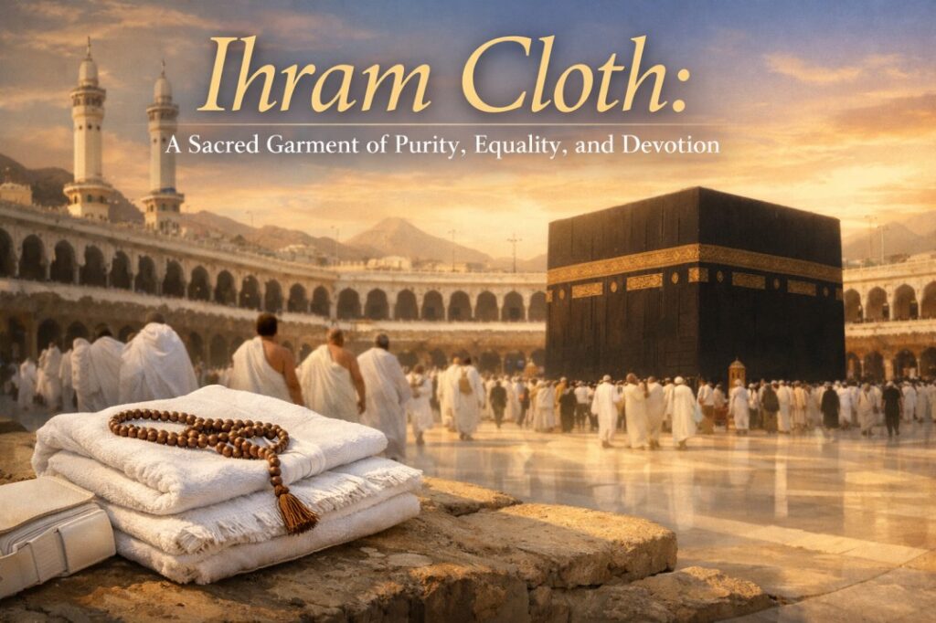 Pilgrims in white Ihram cloth walking around the Kaaba during sunset, with folded Ihram garments and prayer beads placed in the foreground, symbolizing purity, equality, and devotion