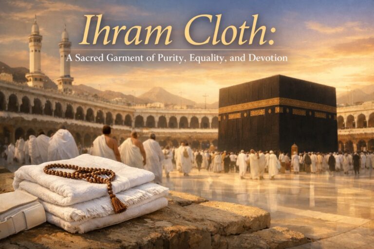Pilgrims in white Ihram cloth walking around the Kaaba during sunset, with folded Ihram garments and prayer beads placed in the foreground, symbolizing purity, equality, and devotion