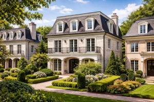 Elegant mansard roof houses featuring slate shingles, dormer windows, brick exteriors, wrought iron balconies, and manicured gardens in a landscaped residential setting