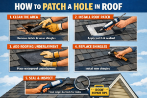 How to patch a hole in roof with step-by-step instructions showing roof patching, underlayment, and shingle replacement