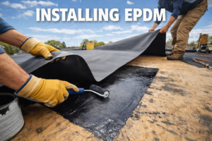 Installing EPDM rubber roofing on a flat roof, showing adhesive application and EPDM membrane positioning