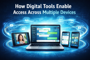 Digital tools enabling multi-device access illustration