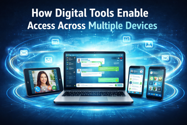 Digital tools enabling multi-device access illustration