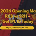 Promotional banner for the Indian Premier League showing the opening match between Royal Challengers Bangalore and Sunrisers Hyderabad. The image features both team logos with the text “IPL 2026 Opening Match RCB vs SRH – Get IPL ID Today” along with the website link “https://onlinecricketid.com” and the Online Cricket ID logo.