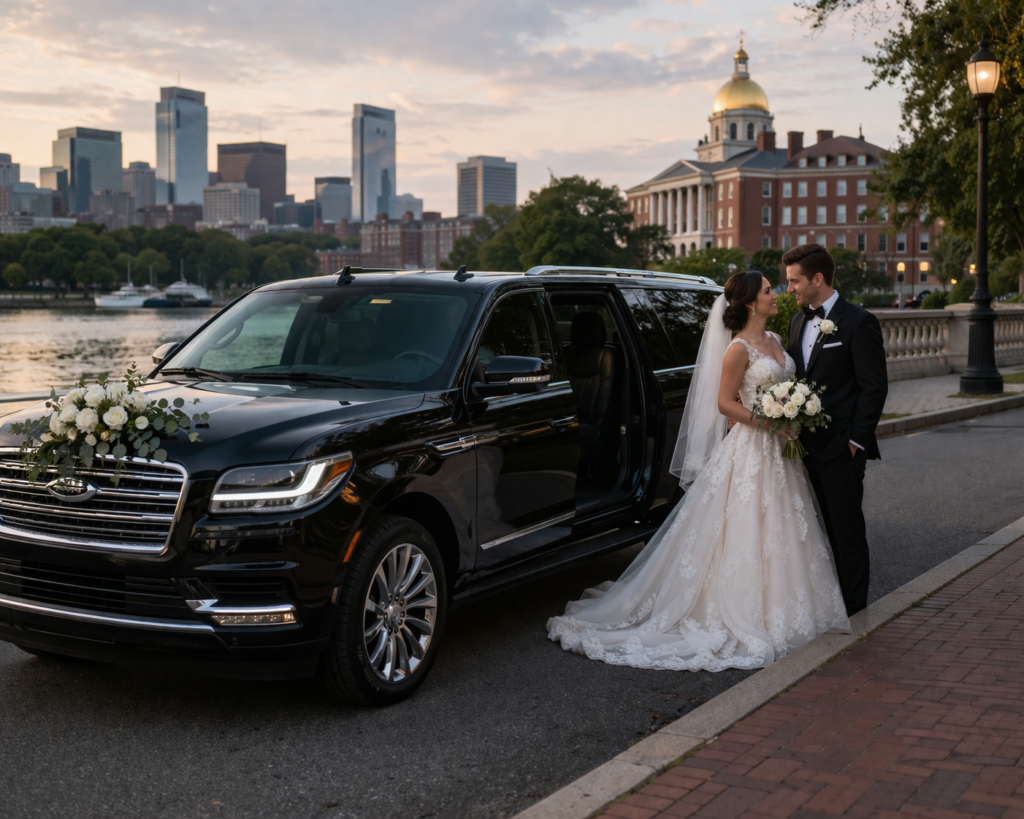 Luxury wedding transportation in Boston city with bride and groom near historic venue