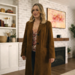 A Season to Blossom Emily Tennant brown coat – stylish movie leather coat USA inspired look