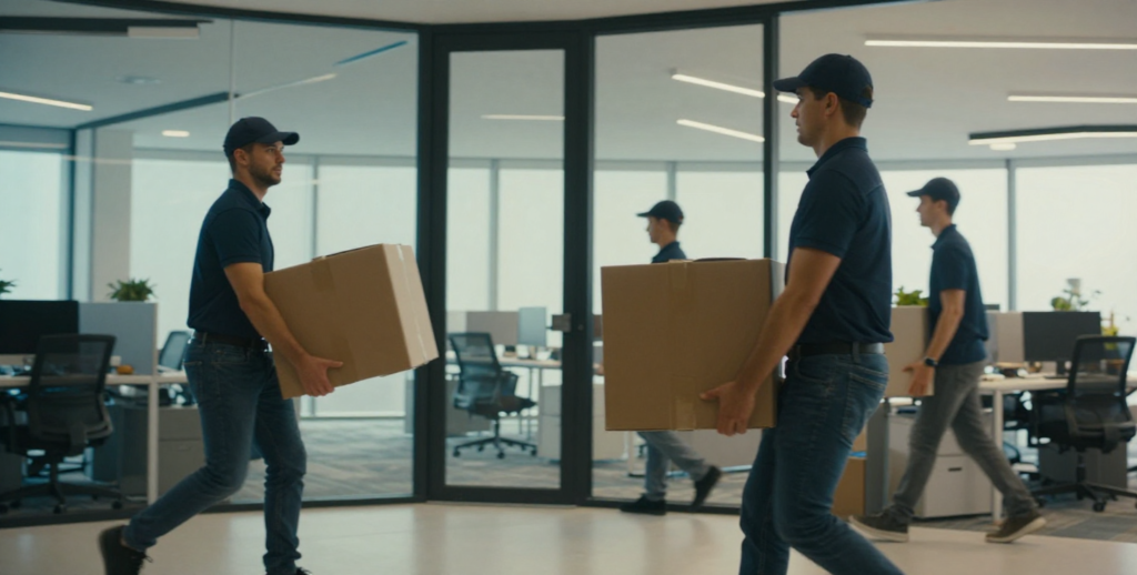 Commercial movers in action, professional moving company team, workers carrying office furniture and boxes, modern office building setting, cinematic lighting, dynamic composition