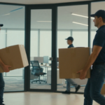 Commercial movers in action, professional moving company team, workers carrying office furniture and boxes, modern office building setting, cinematic lighting, dynamic composition