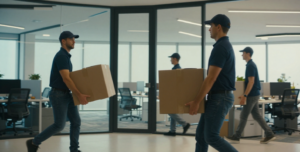Commercial movers in action, professional moving company team, workers carrying office furniture and boxes, modern office building setting, cinematic lighting, dynamic composition