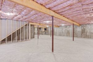 A large-scale basement construction London project in London featuring reinforced concrete walls, steel support columns, and pink fiberglass ceiling insulation in a raw subterranean space.