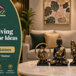 Elegant small living room decorated with premium polyresin statues, Buddha idol, and modern luxury home decor accessories for Indian homes.