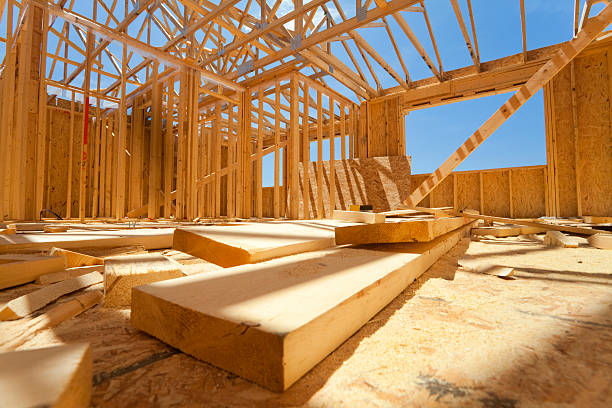 Interior view of a residential timber construction site showing the wooden skeletal frame, roof trusses, and OSB subflooring under a bright blue sky.
