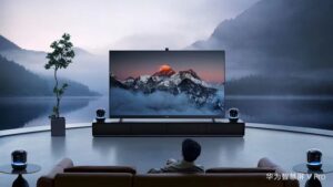 A modern living room featuring a large ultra-HD television displaying a mountain landscape, showcasing the Strong 8K IPTV Player experience with immersive 8K streaming, cinematic visuals, smart entertainment technology, and premium home viewing comfort.