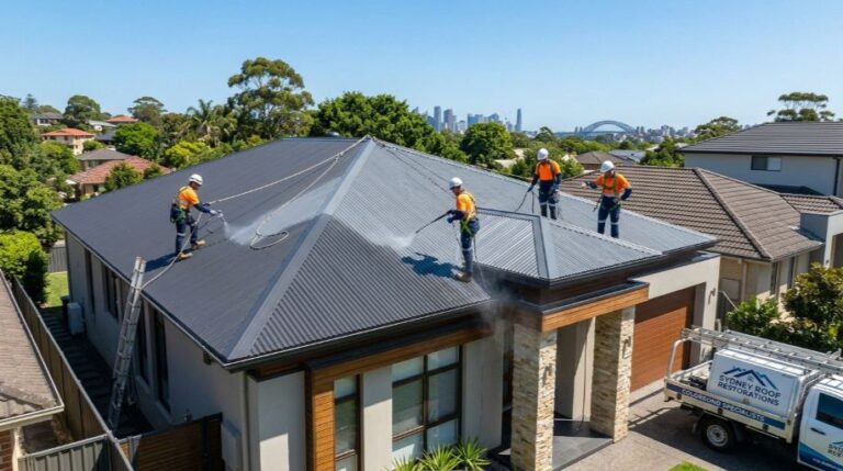 Workers in safety harnesses performing a Colorbond metal roof restoration on a modern Sydney home under a bright blue sky (1)