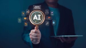Beginner using an AI Social Media Management Tool dashboard to schedule posts, analyze engagement, and manage multiple social media accounts.
