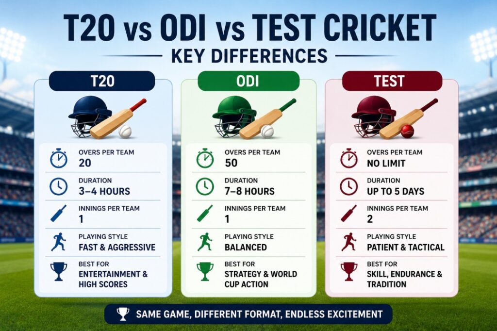 T20 vs ODI vs Test Cricket: Key Differences