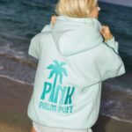 Classic Pink Palm Puff Hoodie in Mint Breeze