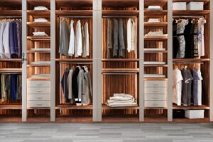 3d rendering minimal scandinavian wood walk in closet with wardrobe