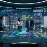 A team of digital marketing strategists collaborating around a large interactive monitor displaying an Answer Engine Optimization Agency workflow for B2B lead generation, showing AI search visibility metrics and decision-maker targeting.
