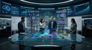 A team of digital marketing strategists collaborating around a large interactive monitor displaying an Answer Engine Optimization Agency workflow for B2B lead generation, showing AI search visibility metrics and decision-maker targeting.
