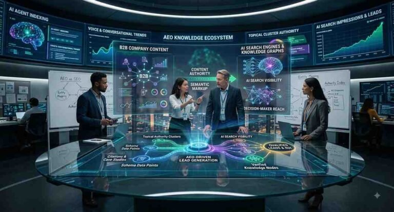 A team of digital marketing strategists collaborating around a large interactive monitor displaying an Answer Engine Optimization Agency workflow for B2B lead generation, showing AI search visibility metrics and decision-maker targeting.