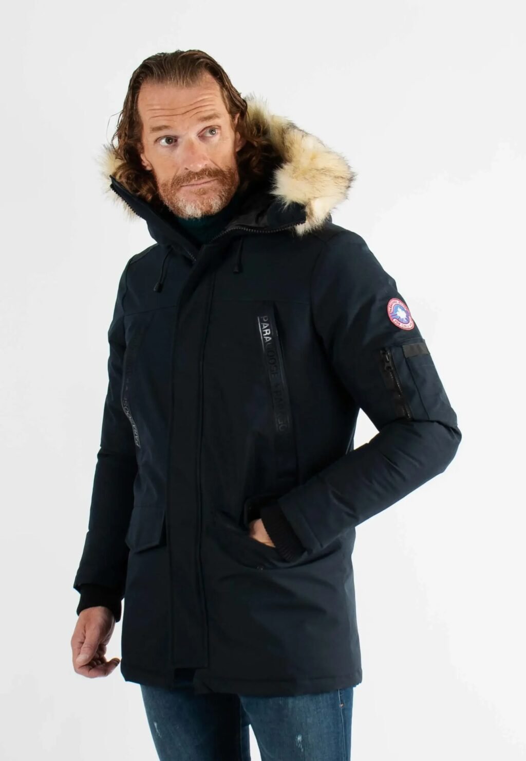 Parka Homme Paragoose DAVOS – Veste Hiver à Capuche Fourrure et Bandes Logo – Navy Élégant