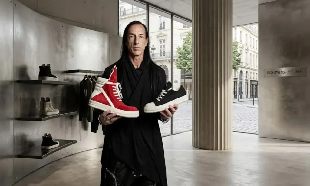 Rick Owens holding brand sneakers