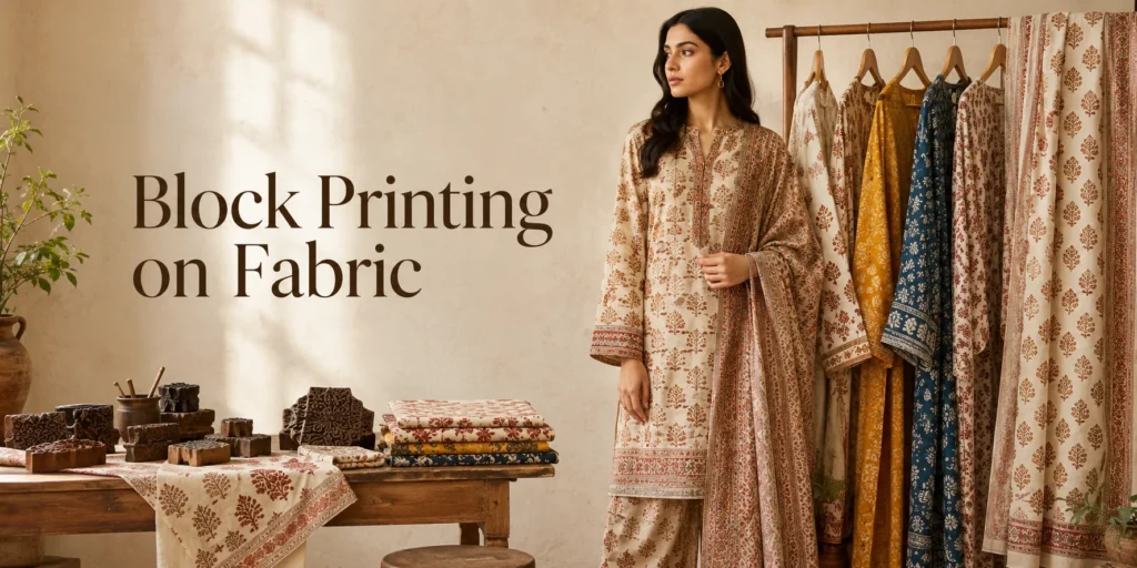 Buy handmade block printed unstitched shirt fabric for women online in Pakistan