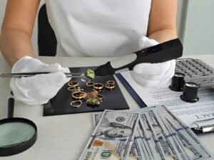"Jewelry, cash, and documents stored together in a compact safe deposit box"