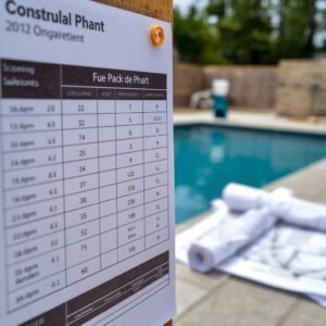 lucid-origin_Close-up_of_a_construction_schedule_chart_pinned_near_a_partially_built_pool_sit-0