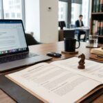 A modern law office desk with an open contract, a laptop