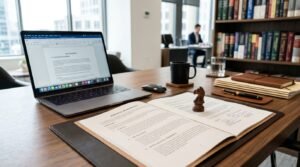 A modern law office desk with an open contract, a laptop