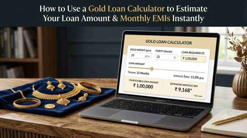 Person using a gold loan calculator to estimate loan amount and EMI