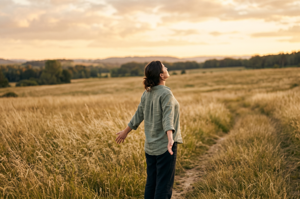 Person (from behind or side) standing in an open field or on a quiet trail — taking a deep breath. Natural light, warm tones. Feeling of space and relief.