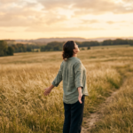 Person (from behind or side) standing in an open field or on a quiet trail — taking a deep breath. Natural light, warm tones. Feeling of space and relief.
