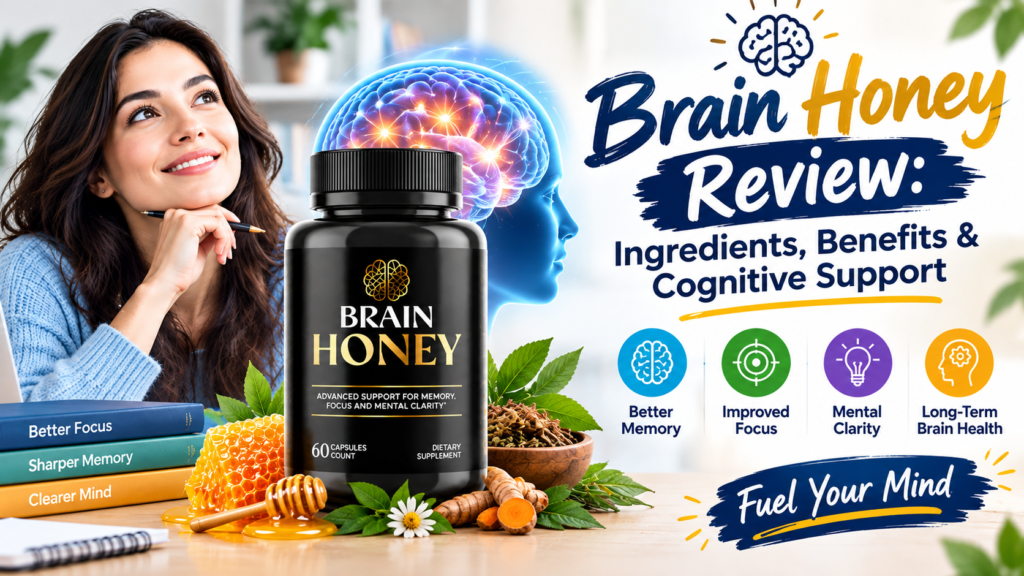 Brain Honey supplement bottle with a glowing brain graphic, honey and natural ingredients, representing memory, focus, mental clarity, and cognitive support.