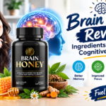 Brain Honey supplement bottle with a glowing brain graphic, honey and natural ingredients, representing memory, focus, mental clarity, and cognitive support.