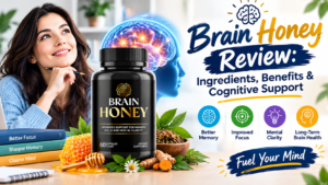 Brain Honey supplement bottle with a glowing brain graphic, honey and natural ingredients, representing memory, focus, mental clarity, and cognitive support.