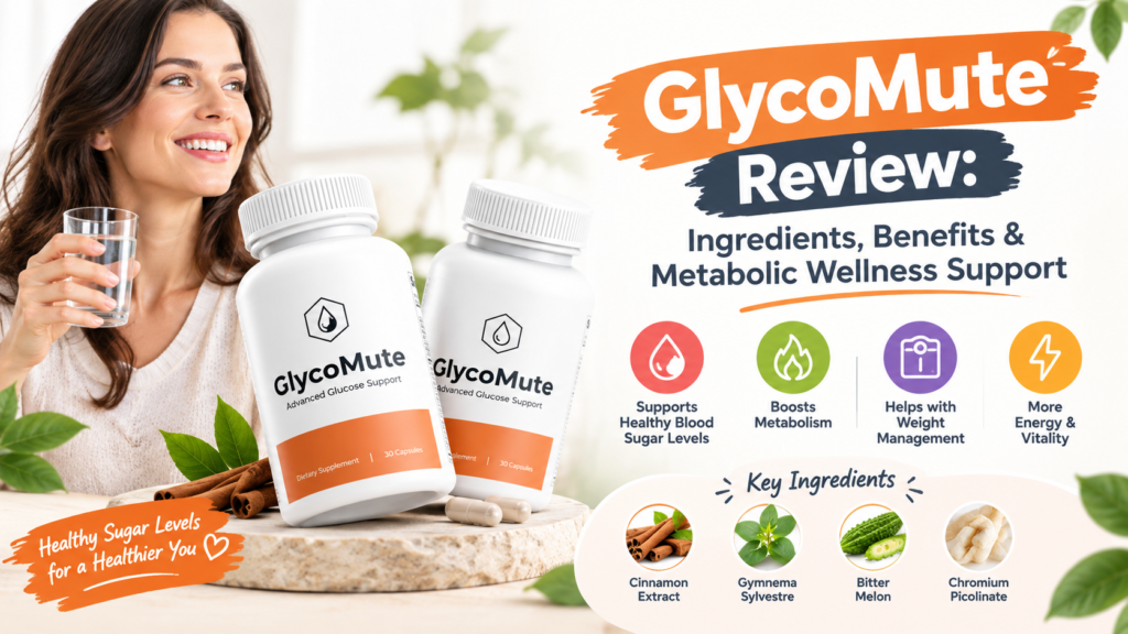 GlycoMute supplement bottles with a woman holding water, surrounded by natural ingredients, highlighting glucose support, metabolism, weight management, energy, and metabolic wellness.