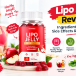 Lipo Jelly supplement gummies with apples and natural ingredients, featuring a woman measuring her waist and highlighting weight management, digestion, energy, and overall wellness.