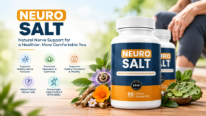NeuroSalt nerve support supplement with natural ingredients, shown with botanical herbs and wellness benefits for nerve health, relaxation, circulation, and mobility.