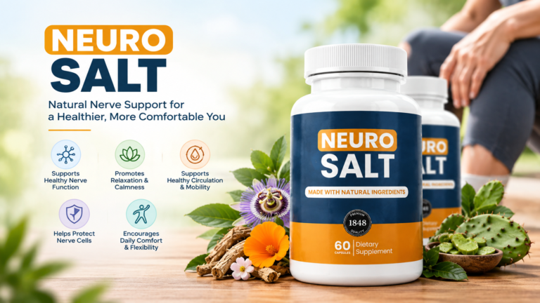 NeuroSalt nerve support supplement with natural ingredients, shown with botanical herbs and wellness benefits for nerve health, relaxation, circulation, and mobility.