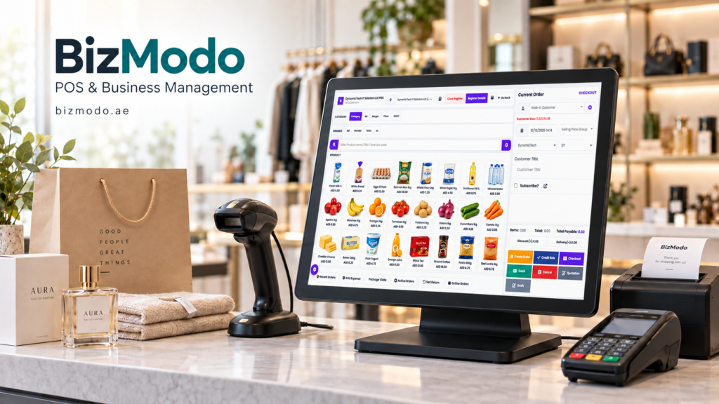 BizModo POS screen with grocery grid