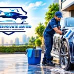 ASR Super doorstep car wash service featuring a professional cleaner washing a blue car with foam, showcasing convenient car cleaning at your doorstep.