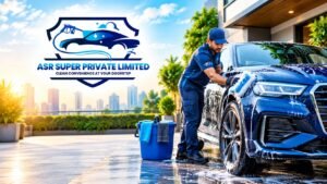 ASR Super doorstep car wash service featuring a professional cleaner washing a blue car with foam, showcasing convenient car cleaning at your doorstep.
